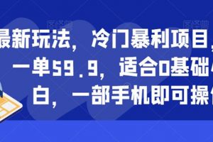最新玩法，冷门暴利项目，一单59.9，适合0基础小白，一部手机即可操作