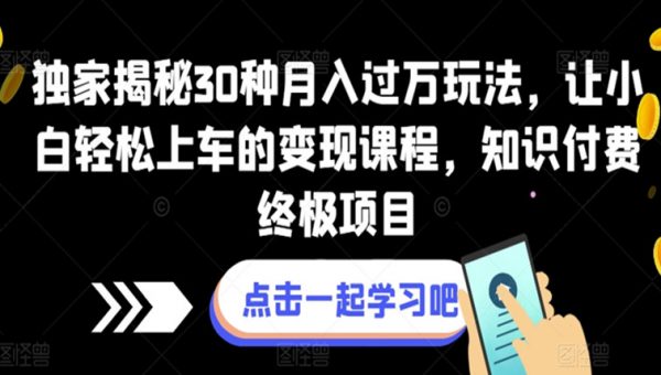 独家揭秘30种月入过万玩法，让小白轻松上车的变现课程，知识付费终极项目