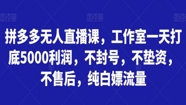 拼多多无人直播课，工作室一天打底5000利润，不封号，不垫资，不售后，纯白嫖流量