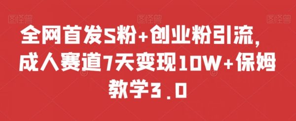 网首发S粉+创业粉引流，成人赛道7天变现10W+保姆教学3.0