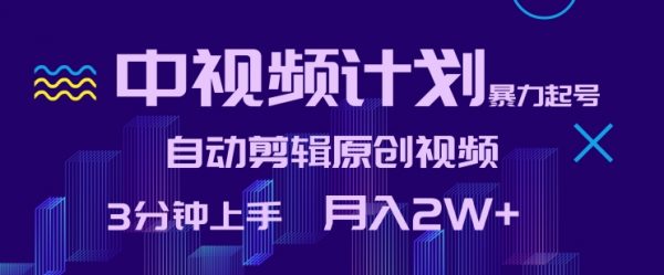 中视频计划暴力起号，自动剪辑原创视频，3分钟上手月入2W+