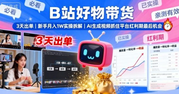 B站好物带货，3天出单，新手月入1W实操拆解，AI生成视频，抓住平台红利期最后机会插图