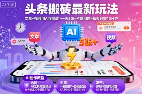 头条搬砖最新玩法，文章+视频用AI全搞定，一天5张+不是问题，每天只需10分钟插图