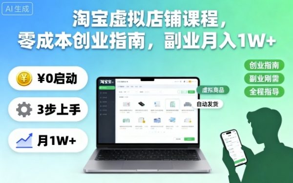 淘宝虚拟店铺课程,零成本创业指南,副业月入1W+插图 淘宝虚拟店铺课程